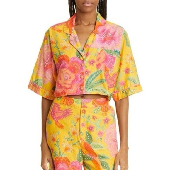 FARM RIO Macaw Bloom Crop Cotton Shirt Size Medium - Picture 3 of 8